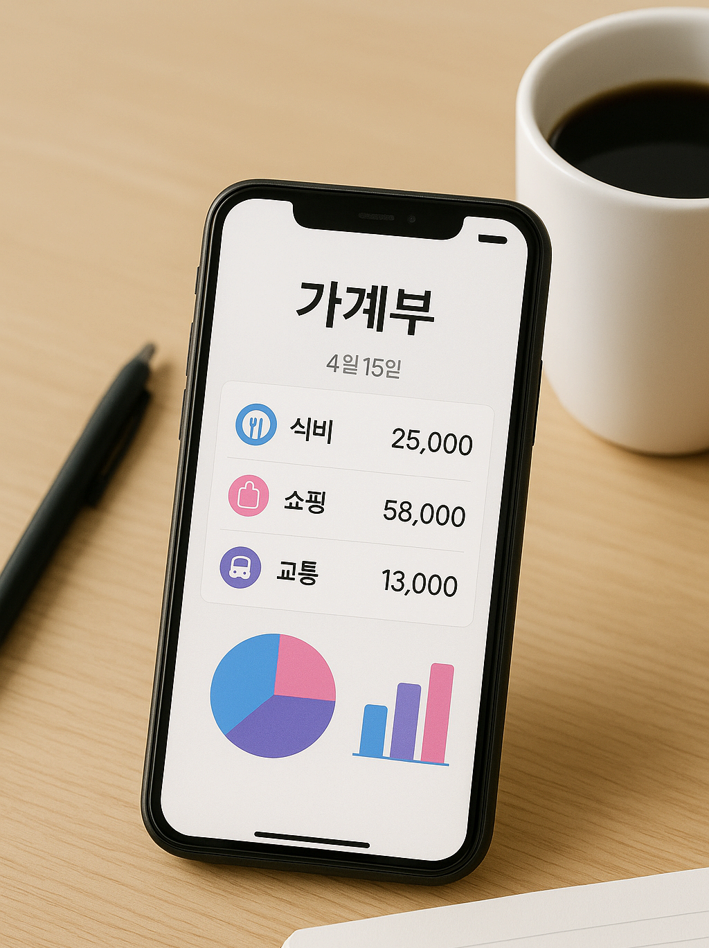 하루 지출을 스마트폰 가계부 앱에 기록하는 모습