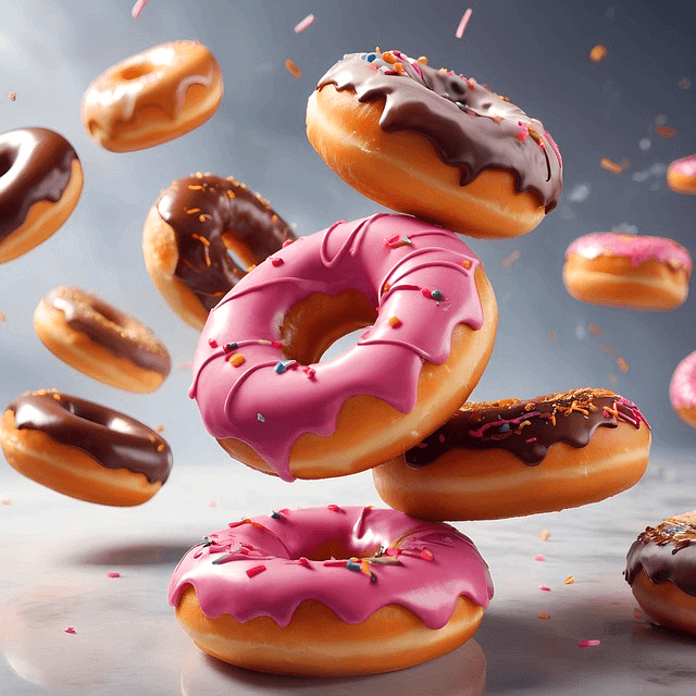 동그란 도너츠들이 공중에 떠다닌다. 10개가 넘는 도너츠로 초콜릿, 분홍색 크림이 있다.