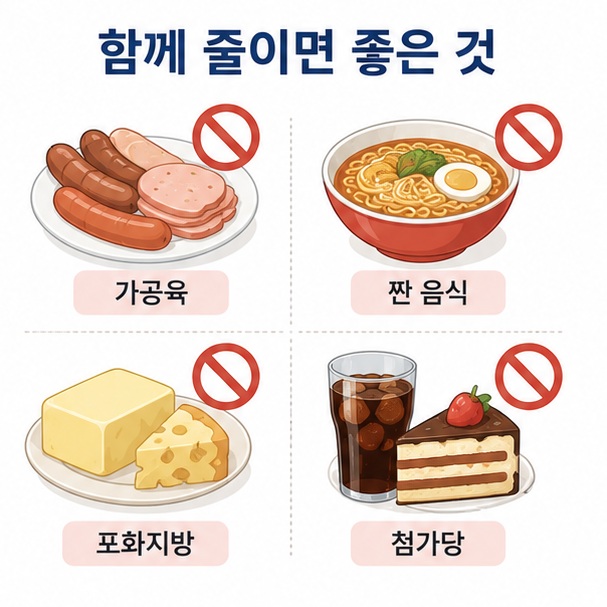 심장 건강을 위해 가공육과 짠 음식, 포화지방과 첨가당이 많은 식품을 줄이는 내용을 정리한 이미지