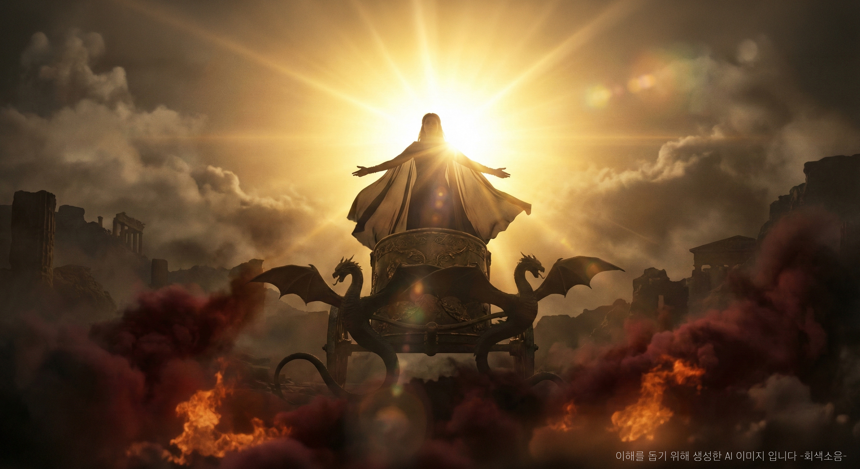 태양의 전차 : 눈부신 황금빛 태양을 등지고 용이 끄는 전차 위에 선 메데아의 실루엣이 아래의 붉은 연기와 대비되며 신화적 위압감을 드러내는 와이드 장면.