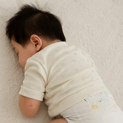 아기가 예방접종후에 자고있는 사진