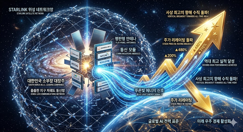 웅장하고 어두운 우주 공간 속 지구 저궤도를 촘촘하게 감싸고 있는 은하수 같은 스타링크 위성 네트워크망 중심에서, 대한민국 소부장 대장주들이 제조한 하이테크 평판형 안테나와 초정밀 통신 모듈이 푸른빛 에너지 신호를 강렬하게 내뿜으며 사상 최고치를 향해 수직으로 돌파하는 주가 리레이팅(Re-rating) 화살표와 유기적으로 연결되는 3D 미래지향적 일러스트 그래픽 이미지.
