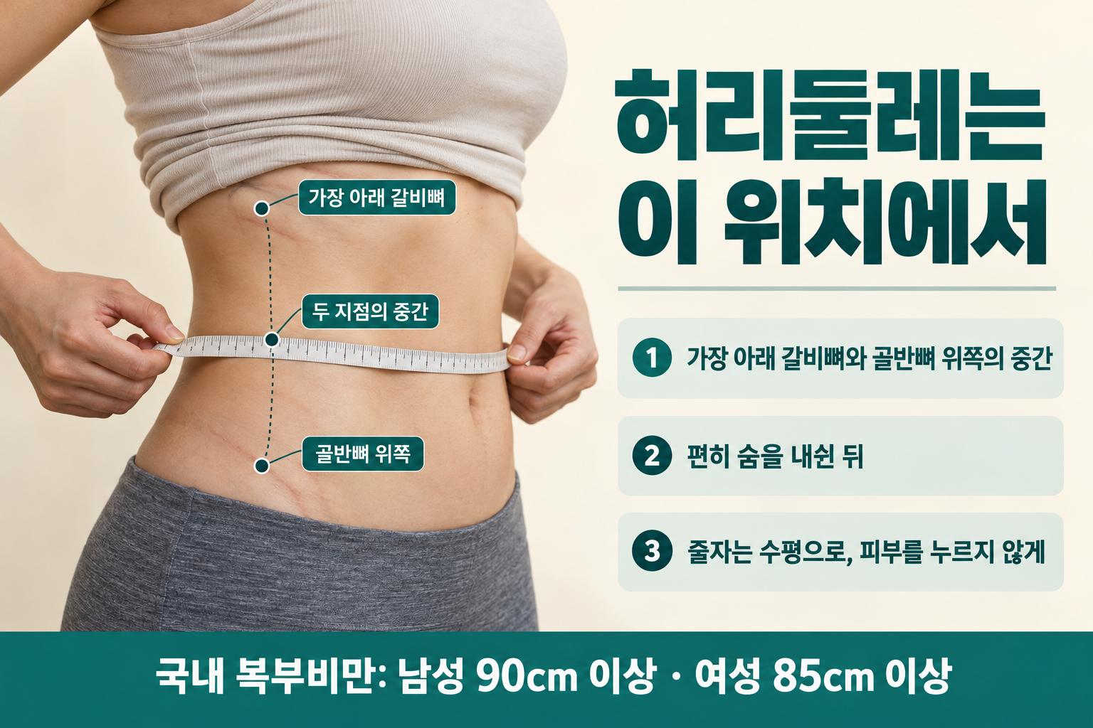 가장 아래 갈비뼈와 골반뼈 위쪽 사이 중간에 줄자를 수평으로 두르고 피부를 누르지 않는 허리둘레 측정 위치