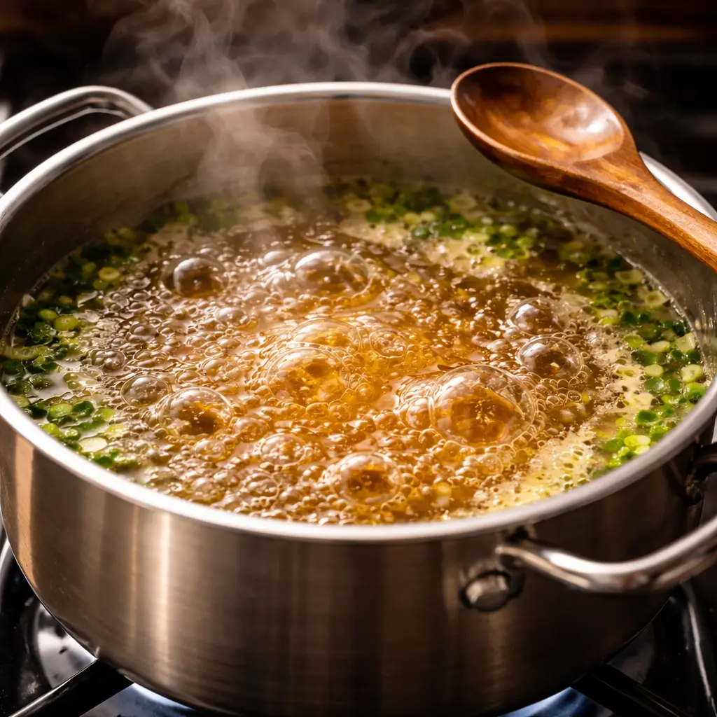 냄비에서 기포가 올라오며 끓기 시작하는 만두국 국물 &ndash; 중불로 낮추기 직전 단계
