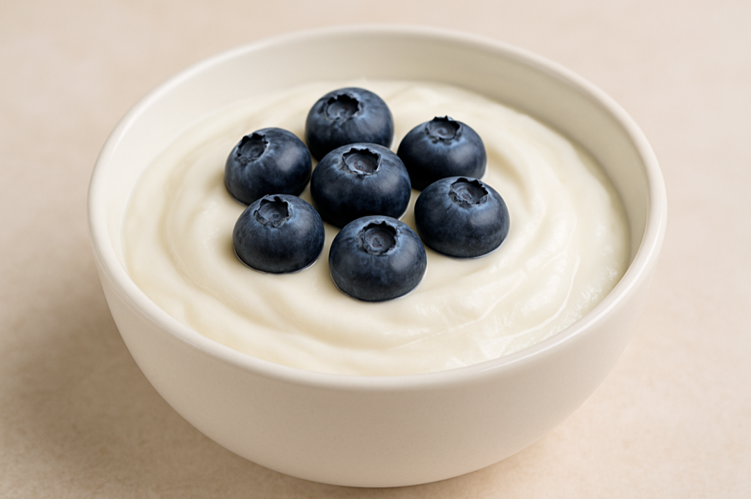 그릭요거트 위에 블루베리를 올린 저칼로리 고단백 간식