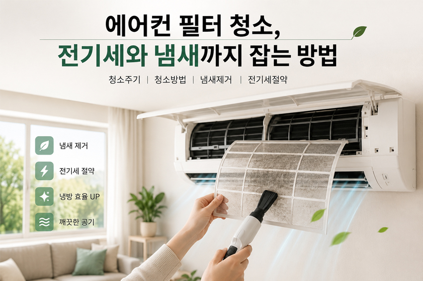 에어컨 필터를 청소하는 모습과 깨끗한 냉방 바람을 표현한 이미지, 에어컨 필터 청소로 전기세 절약과 냄새 제거, 냉방 효율 향상을 설명하는 대표 썸네일