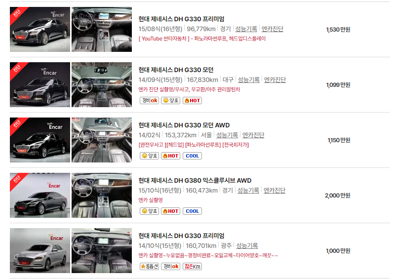 제네시스 G330 중고차 가격 시세표 24년10월