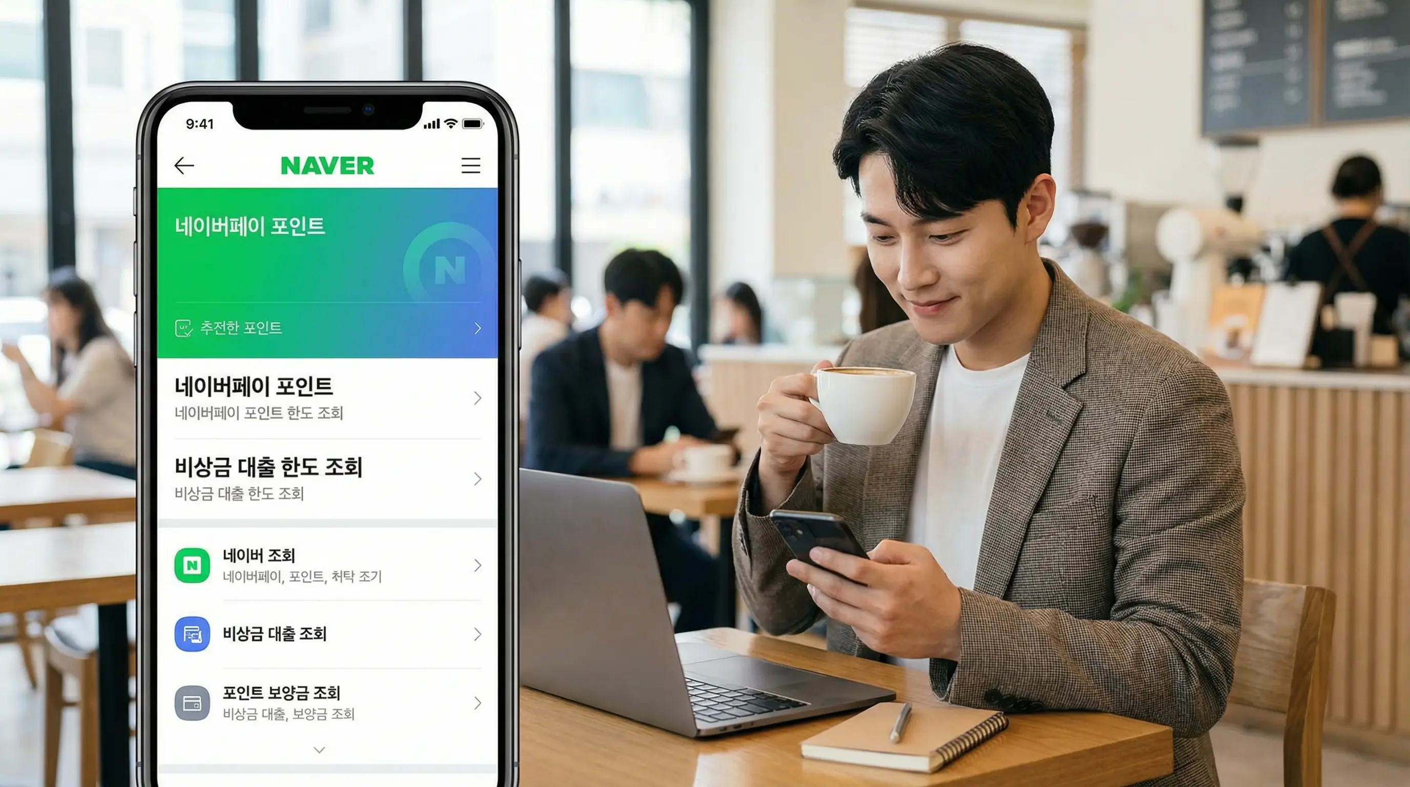 스마트폰으로 네이버 포인트와 비상금 대출 한도를 조회하고 수수료 없이 현금을 마련하는 현명한 모습