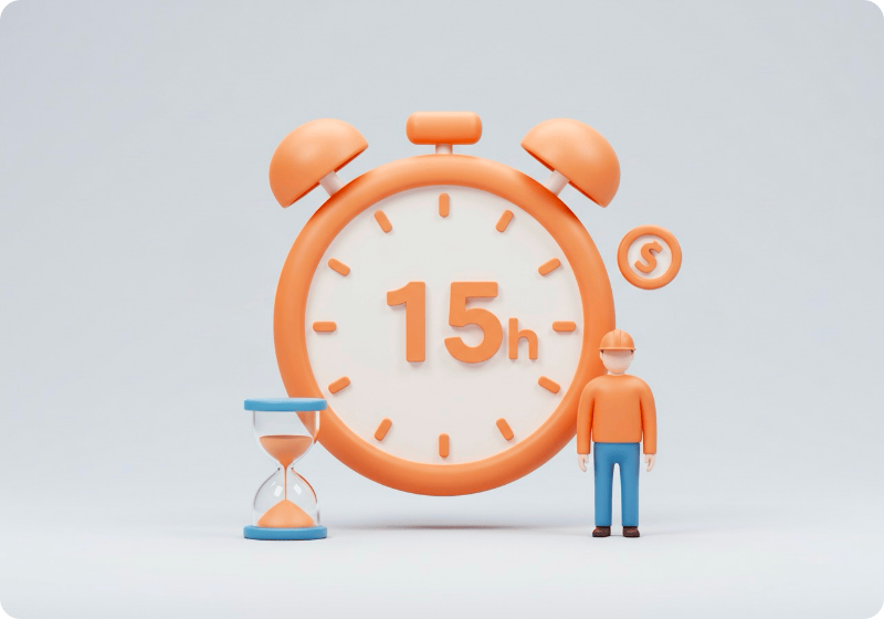 15시간을 표시하는 큰 시계 옆에 작은 근로자 형상이 서있고 주변에 모래시계와 시간 기호가 있는 3D 아이콘