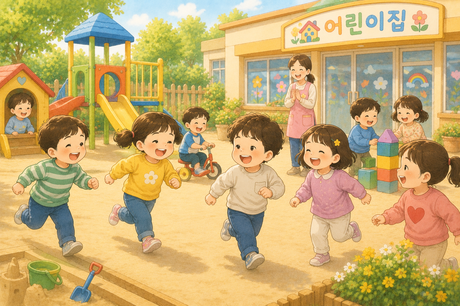 어린이집에서 친구들과 뛰어놀며 즐겁게 활동하는 아이들