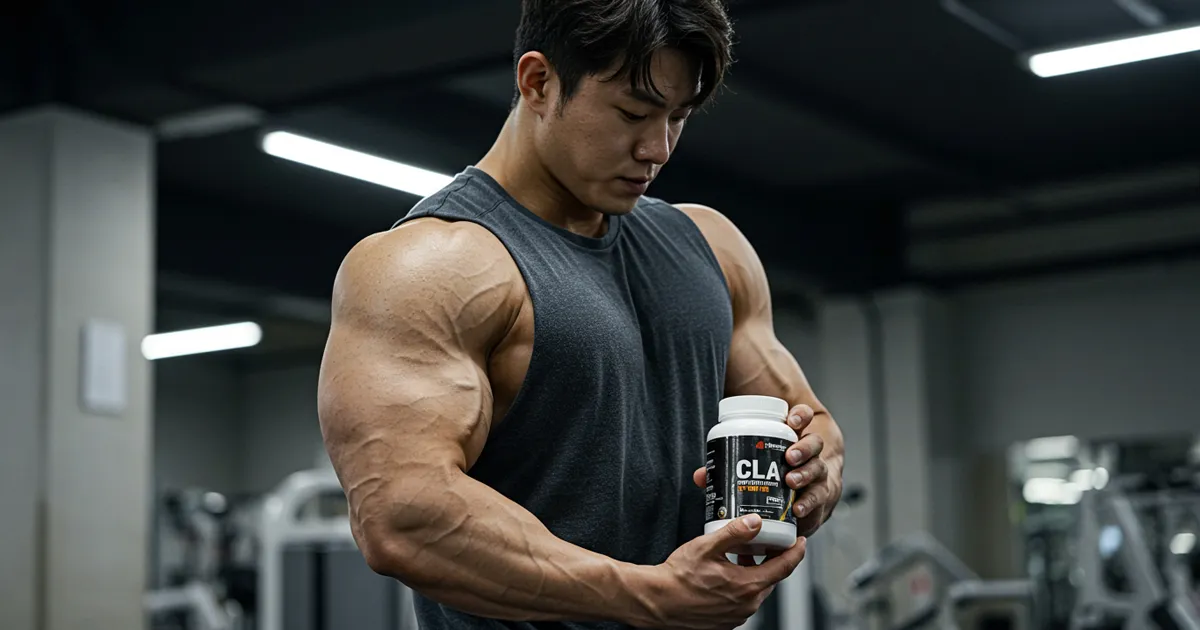 헬스장에서 CLA 영양제를 들고있는 남성 트레이너 이미지