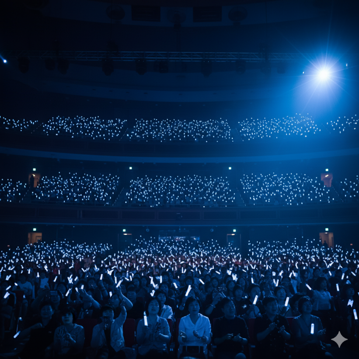 조항조 콘서트의 무대가 아닌 객석을 비추는 푸른빛 조명과 출렁이는 관객 물결