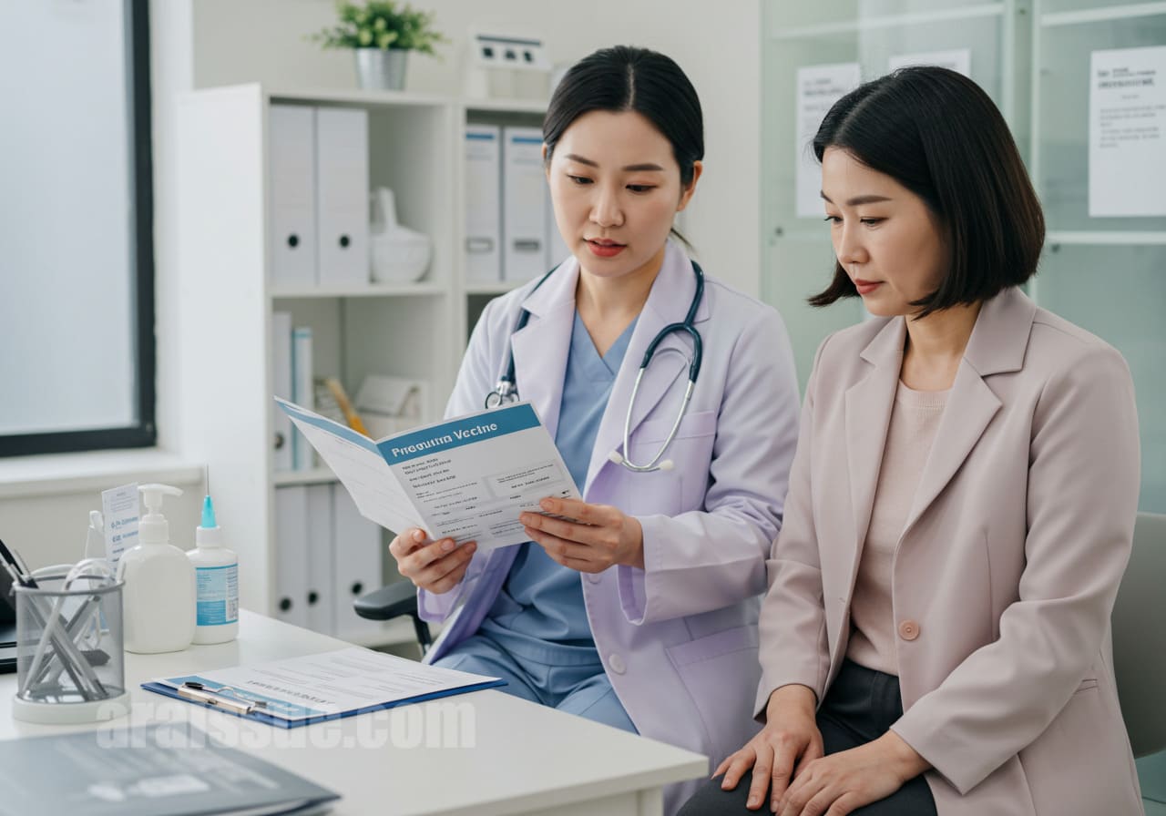 한국의 의사가 밝고 현대적인 클리닉에서 폐렴 예방접종을 위한 준비 사항을 설명하는 장면. 환자는 차트를 보고 있습니다.
