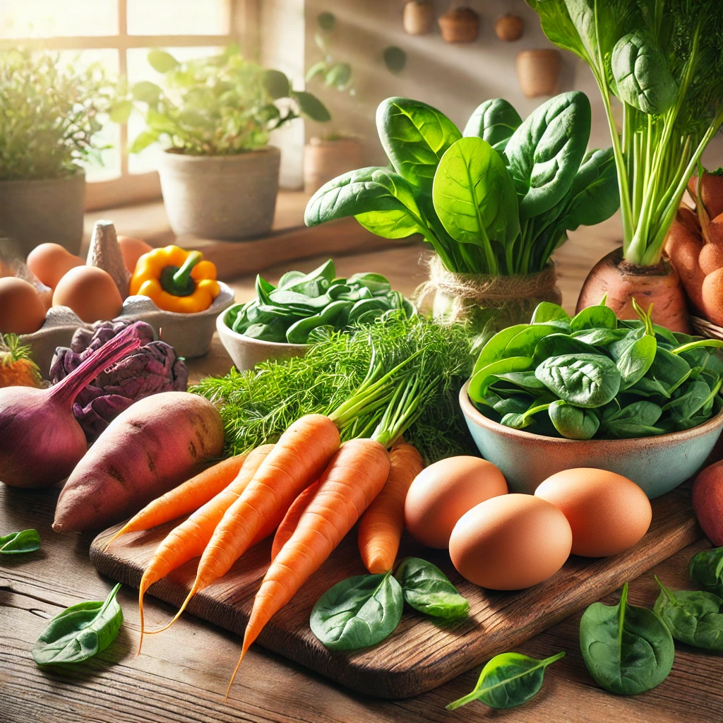 비타민 A가 풍부한 식재료, 당근, 고구마, 시금치, 브로컬리 등의 그림