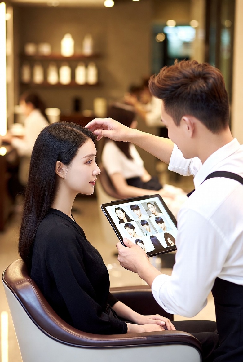 미용실에서 디자이너와 상담하며 태블릿으로 스타일을 고르는 모습