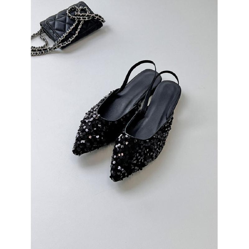 코지 여자 화려한 스팽글 스틸레토 슬링백 플랫슈즈