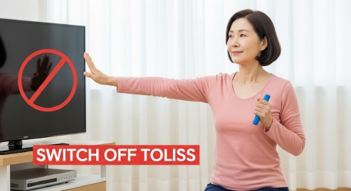 중년 여성이 드라마를 끄고 운동을 시작하는 모습