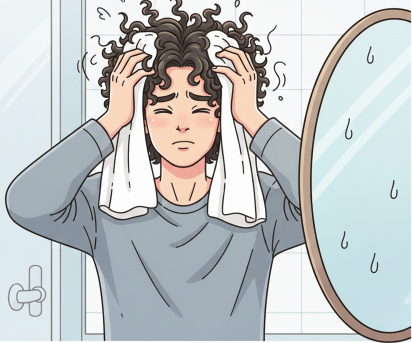 수건으로 젖은 머리를 마구 비비고 있는 남자 모습 일러스트