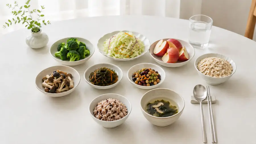 브로콜리, 양배추, 버섯, 해조류, 콩, 사과, 귀리, 보리와 잡곡밥이 다양하게 놓인 건강한 한국식 식탁
