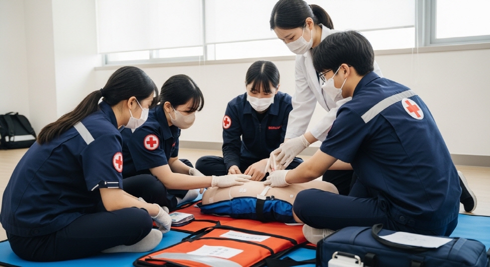 학생과 함께 응급처치 실습 중