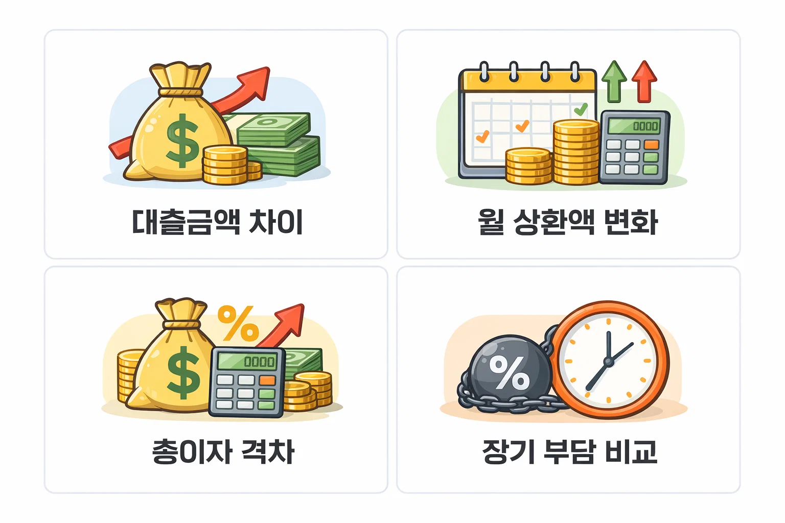 대출금액·월상환액·총이자 차이를 기준으로 보금자리론 금리 변화에 따른 실질 부담을 계산해 비교한 이미지