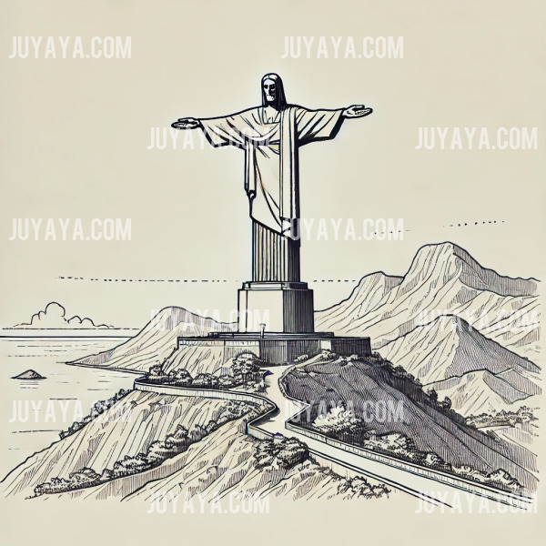 동티모르 딜리의 크리스투 레이 동상을 선명한 선으로 묘사한 라인아트 이미지.
