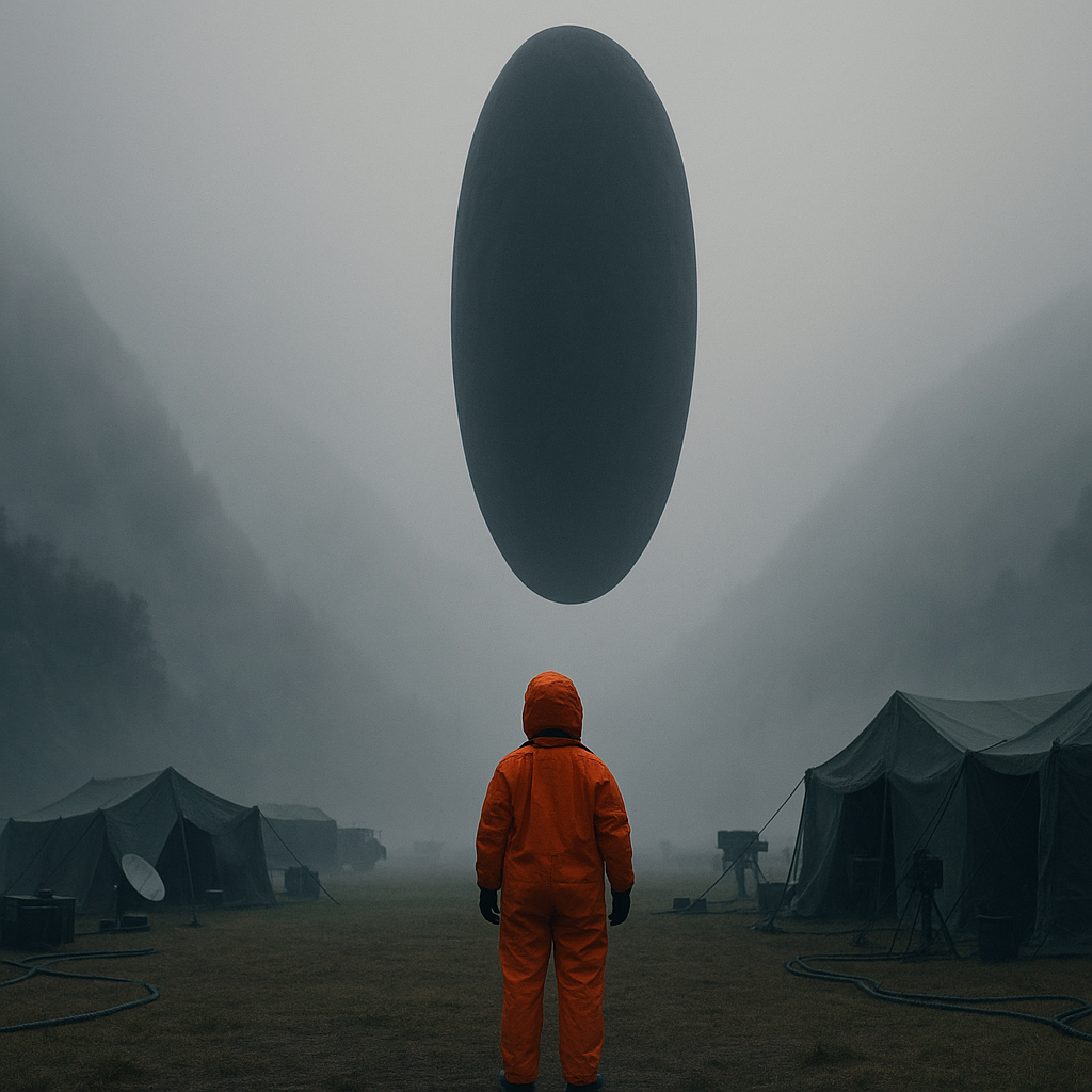 안개 낀 계곡에 떠 있는 거대한 타원형 외계 비행 물체와, 오렌지색 방호복을 입고 그 앞에 서 있는 여성 과학자의 모습. 영화 <컨택트>의 상징적인 장면을 연출한 이미지.