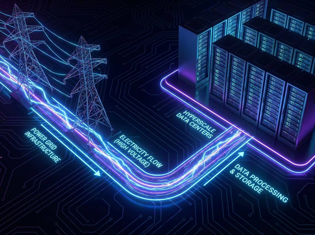 거대한 송전탑과 데이터센터가 연결된 인포그래픽, 전기가 흐르는 듯한 네온 효과, 안정성과 성장을 상징하는 녹색 조명