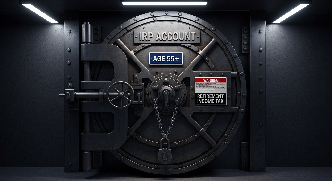 IRP 금고 문이 굳게 잠겨있고, '만 55세'라는 숫자와 '퇴직 소득세'라는 경고 표지판이 붙어있는 일러스트