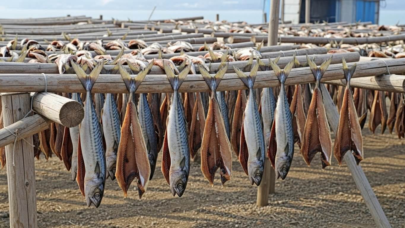 겨울철 해풍을 맞으며 덕장에서 반건조되는 꽁치 과메기 모습