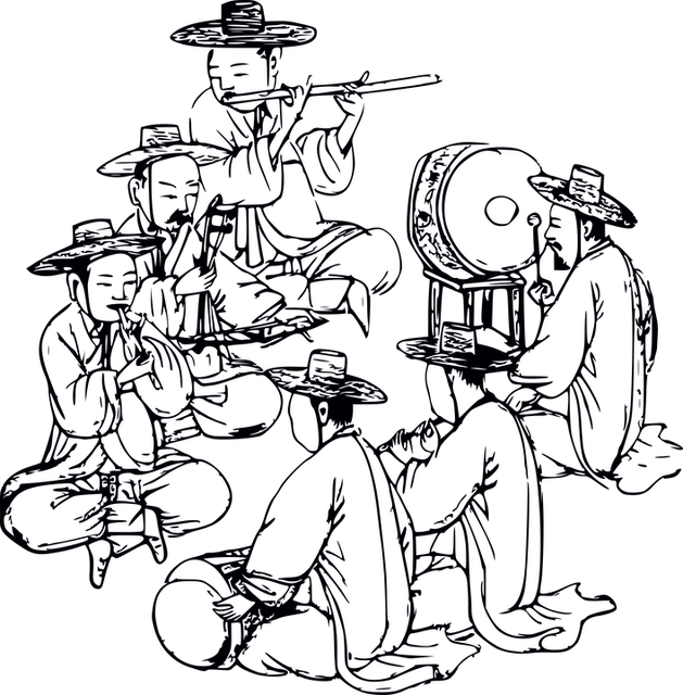 한국의 전통 음악밴드다. 한복을 입은 남자들이 장구를 치고 북을 치고 피리를 부는 그림이다.
