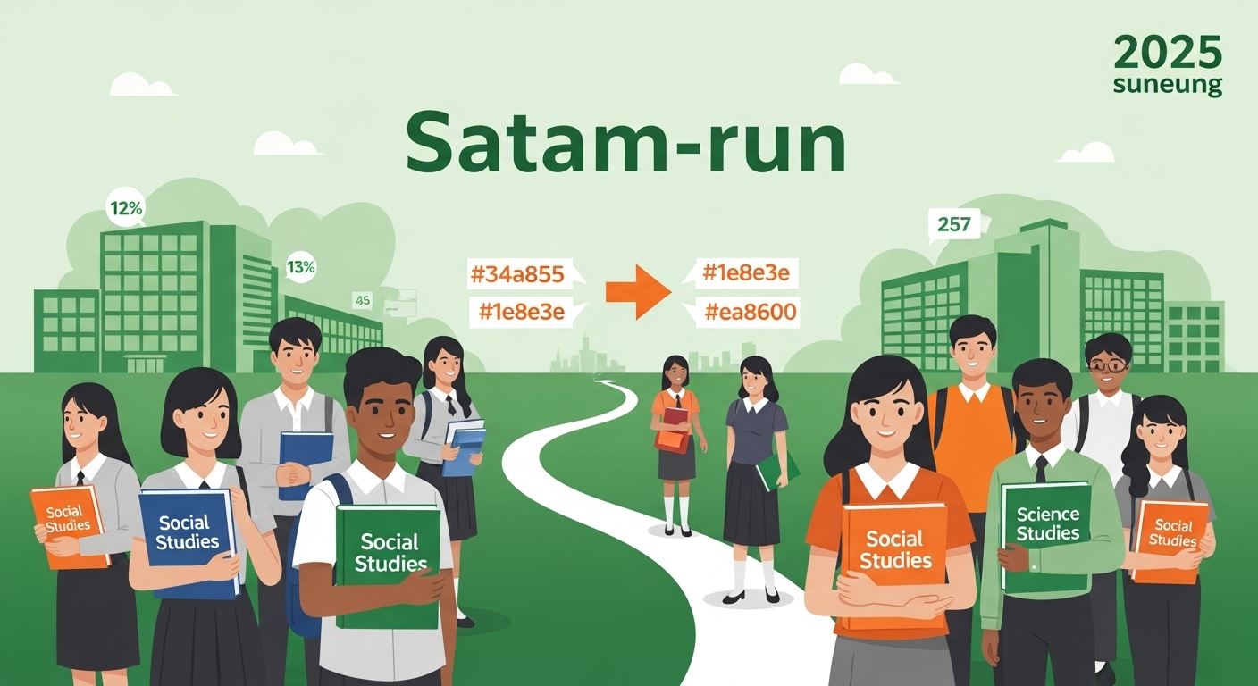 2025학년도 수능에서 이과생들이 사회탐구를 선택하는 '사탐런' 현상을 나타내는 그림. 학생들이 과학탐구에서 사회탐구 경로로 이동하는 모습이 역동적으로 표현되어 있다.