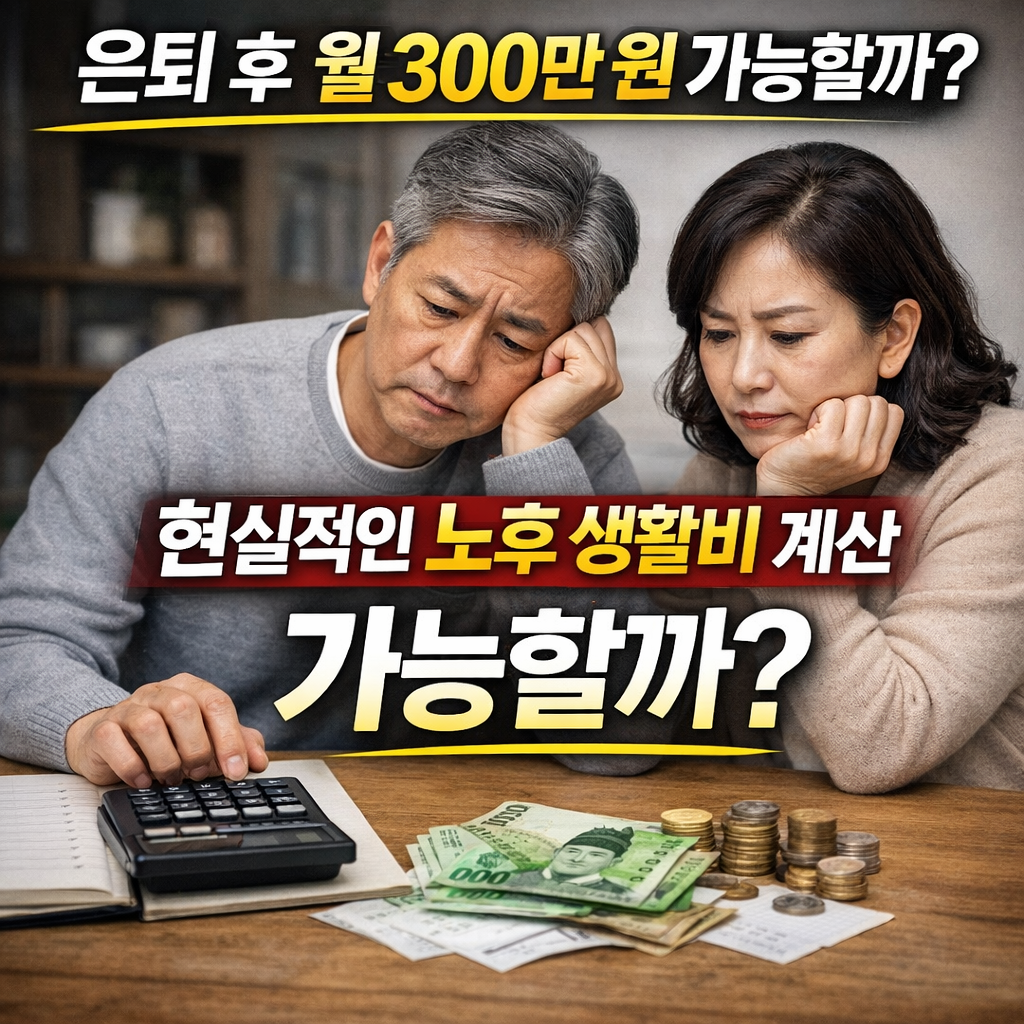 은퇴 후 월 300만원으로 노후 생활비가 가능할까 걱정하는 부부가 계산기를 두드리고 있다.