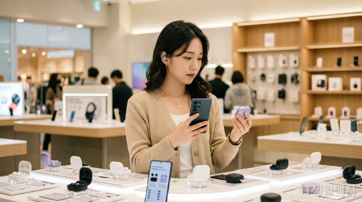전자제품 매장에서 무선 이어폰을 신중하게 고르는 한국인