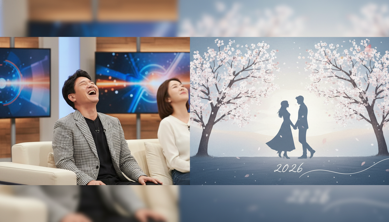 2026년 연예계 핫이슈인 김성수 박소윤 커플의 행복한 모습과 류시원 부부의 새로운 출발을 상징하는 이미지