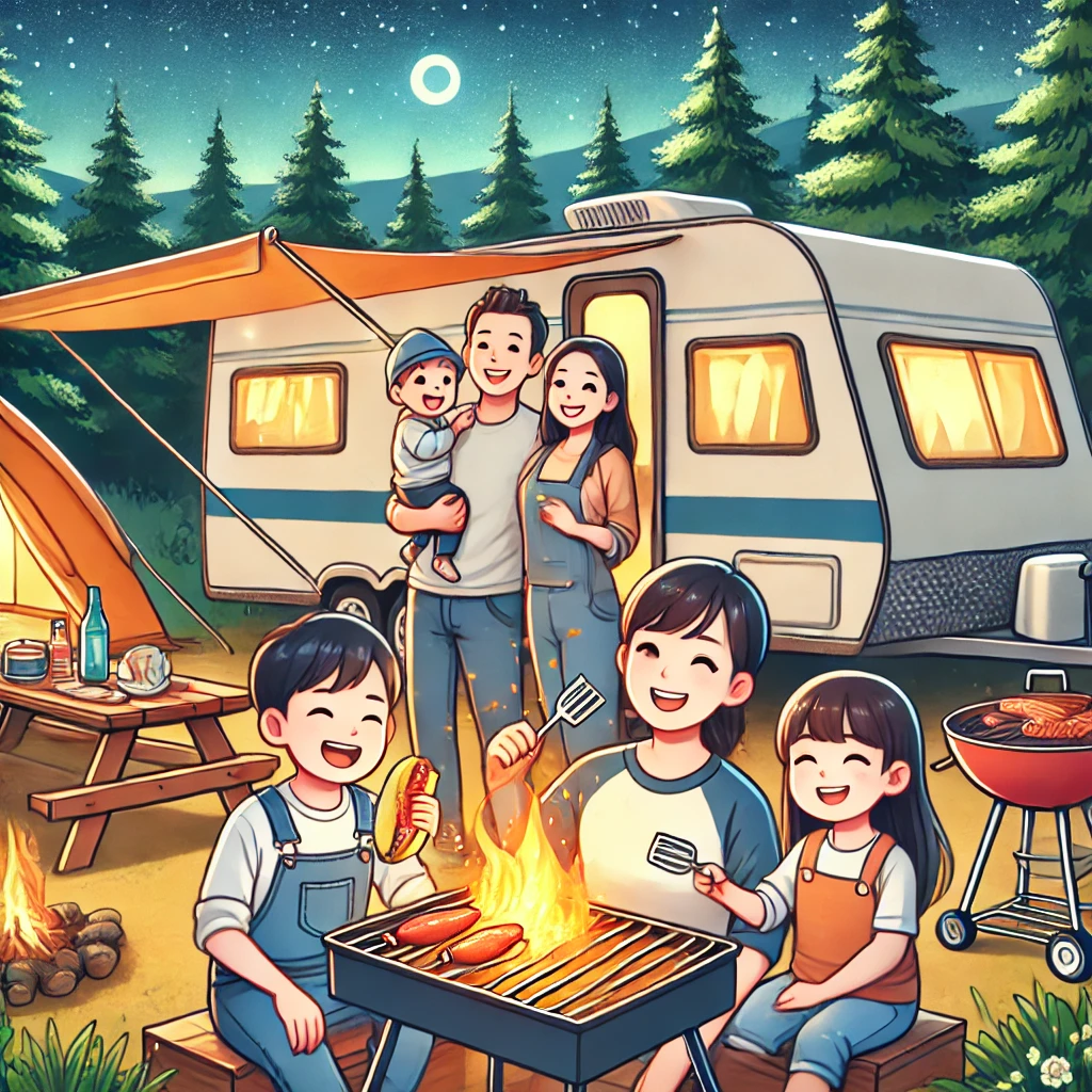 &quot;한국의 숲속에서 캠핑을 즐기는 행복한 다둥이 가족. 부모와 세 자녀가 카라반 근처에서 바비큐를 하며 캠프파이어와 텐트가 배경에 자리 잡고 있다. 따뜻하고 즐거운 분위기가 가득한 야경 속에서 가족이 함께 시간을 보내고 있다.&quot;