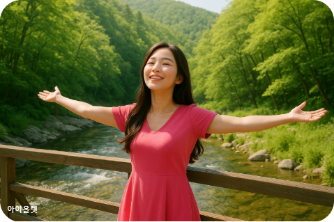 계곡 위 다리에서 두 팔을 벌리는 초록이