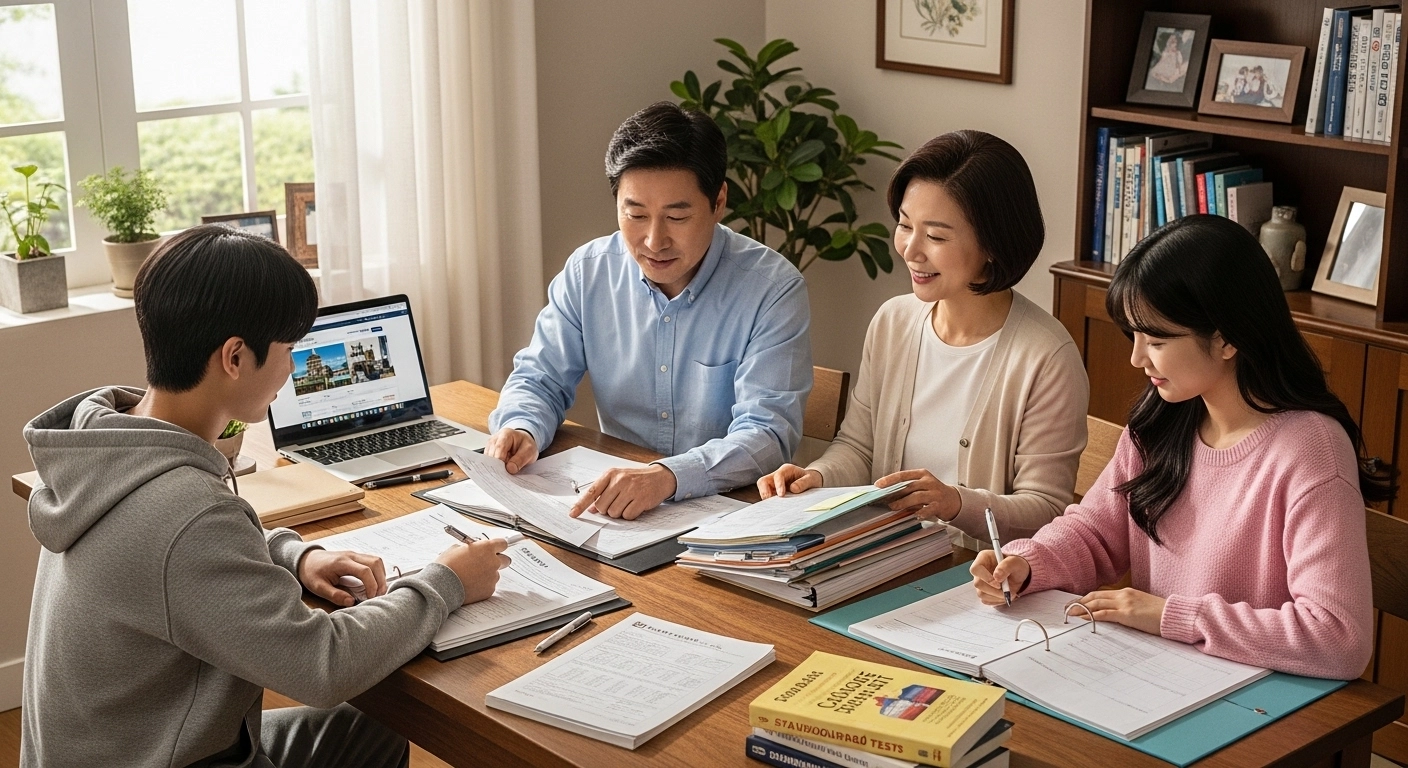 고등학생이 부모와 입시 상담 자료를 정리하고 있는 장면