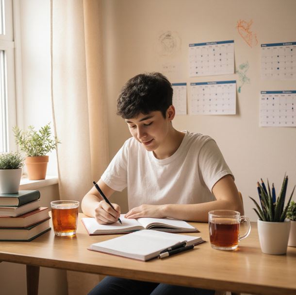 깔끔하게 정리된 책상에서 집중해서 공부하고 있는 학생의 모습