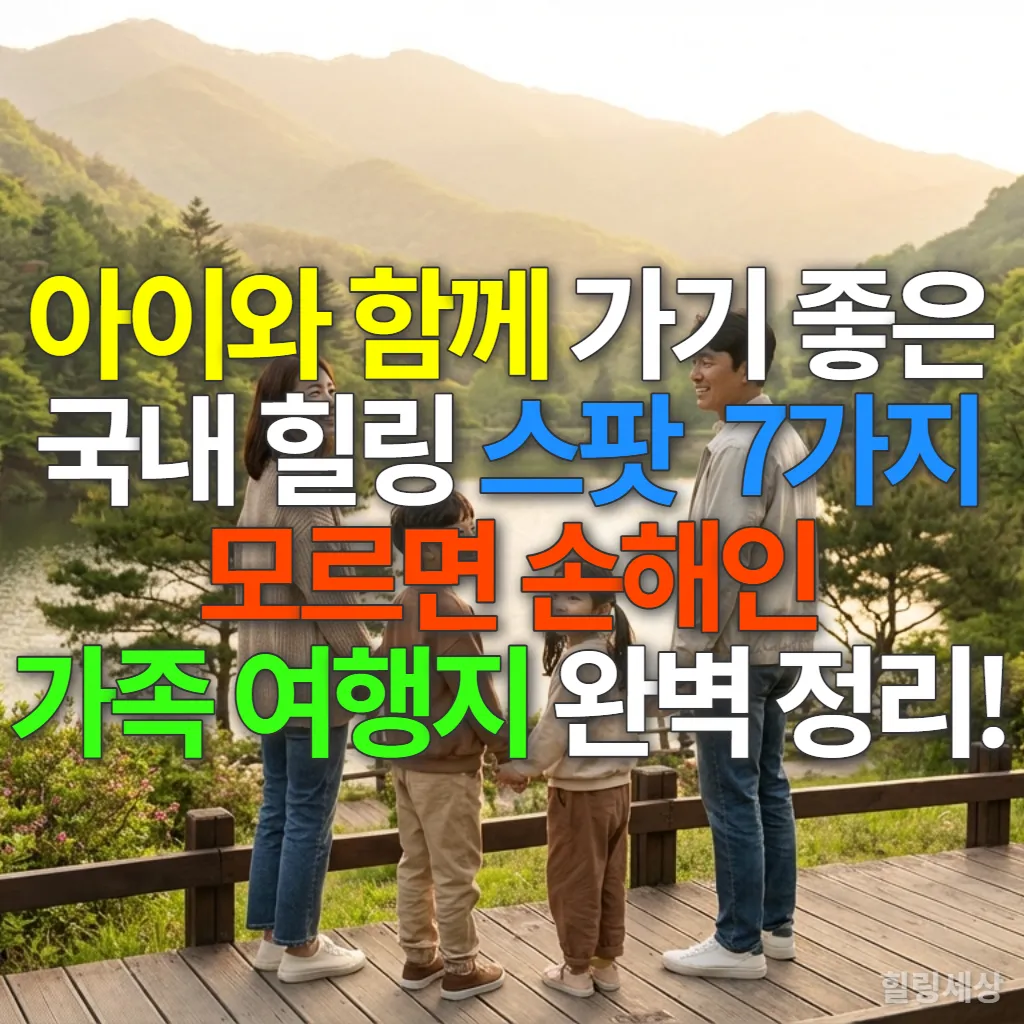 아이와 함께 국내 힐링 스팟에서 즐거운 시간을 보내는 한국인 가족의 뒷모습