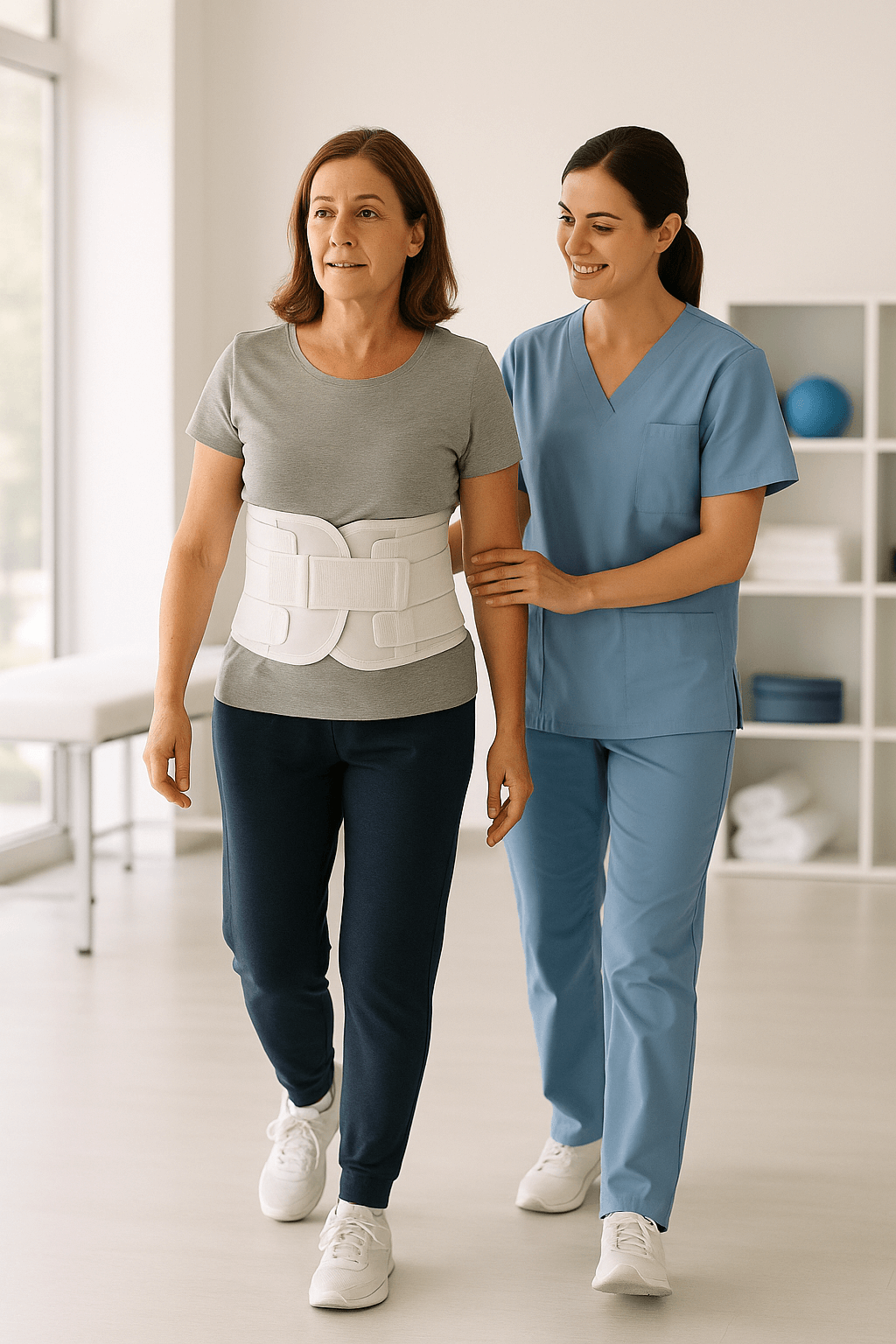 수술 후 복대를 착용한 중년 여성이 물리치료사의 지도 아래 가볍게 걷기 운동을 하는 모습(출처**자체제작)