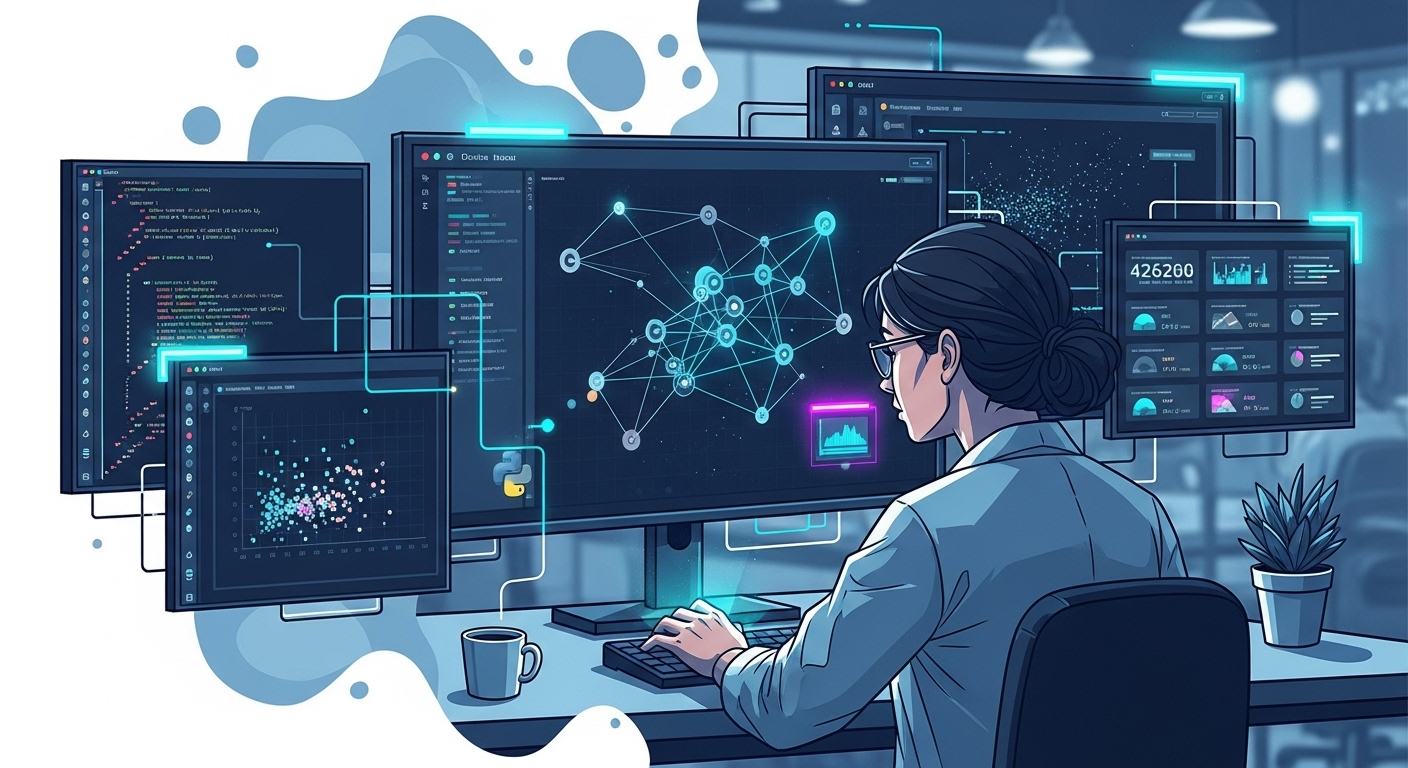 데이터 과학자가 여러 모니터에서 복잡한 데이터를 분석하고 머신러닝 모델을 코딩하며 작업하는 모습