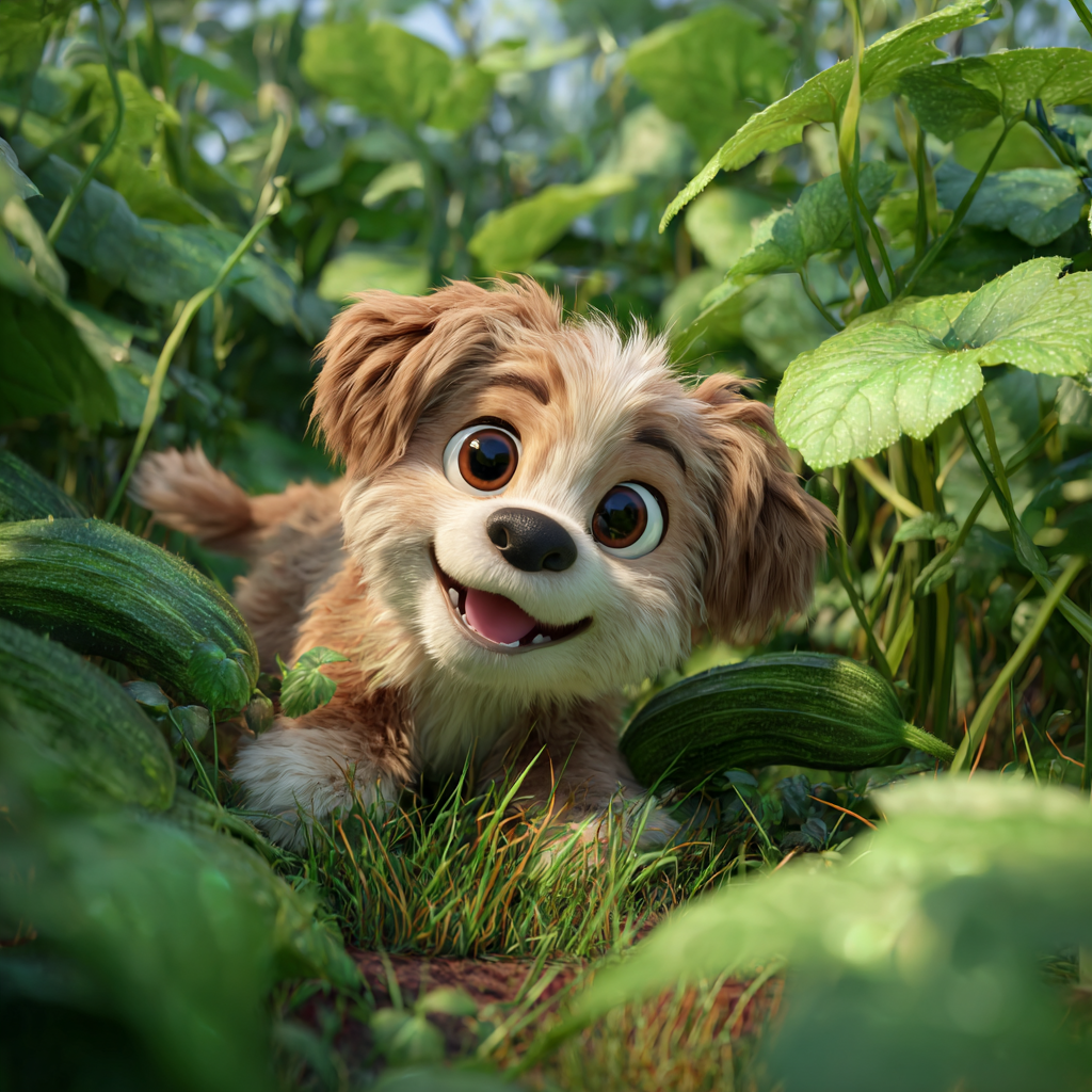 오이밭을 뒹구는 귀여운 강아지, 픽사스타일 일러스트