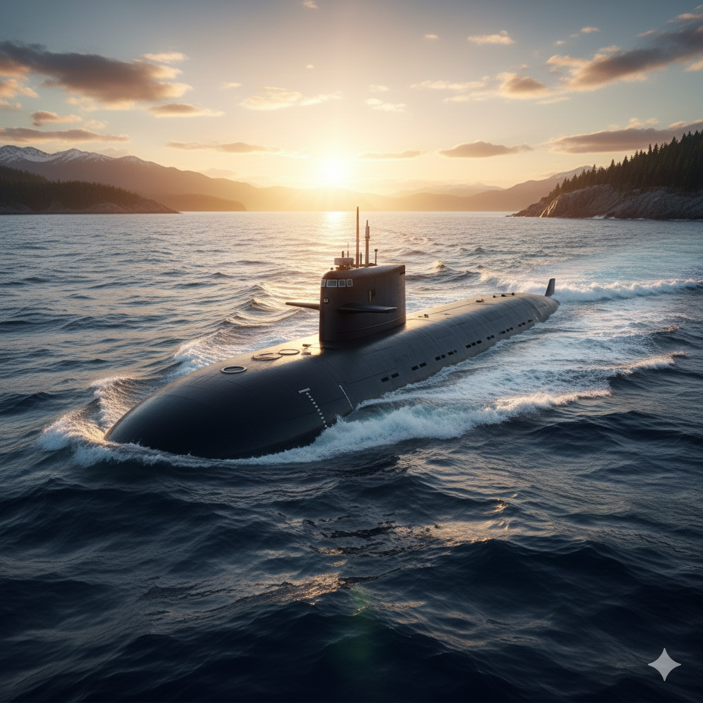 넓은 바다를 항행하는 강력한 실루엣의 대한민국 최신형 잠수함 모습