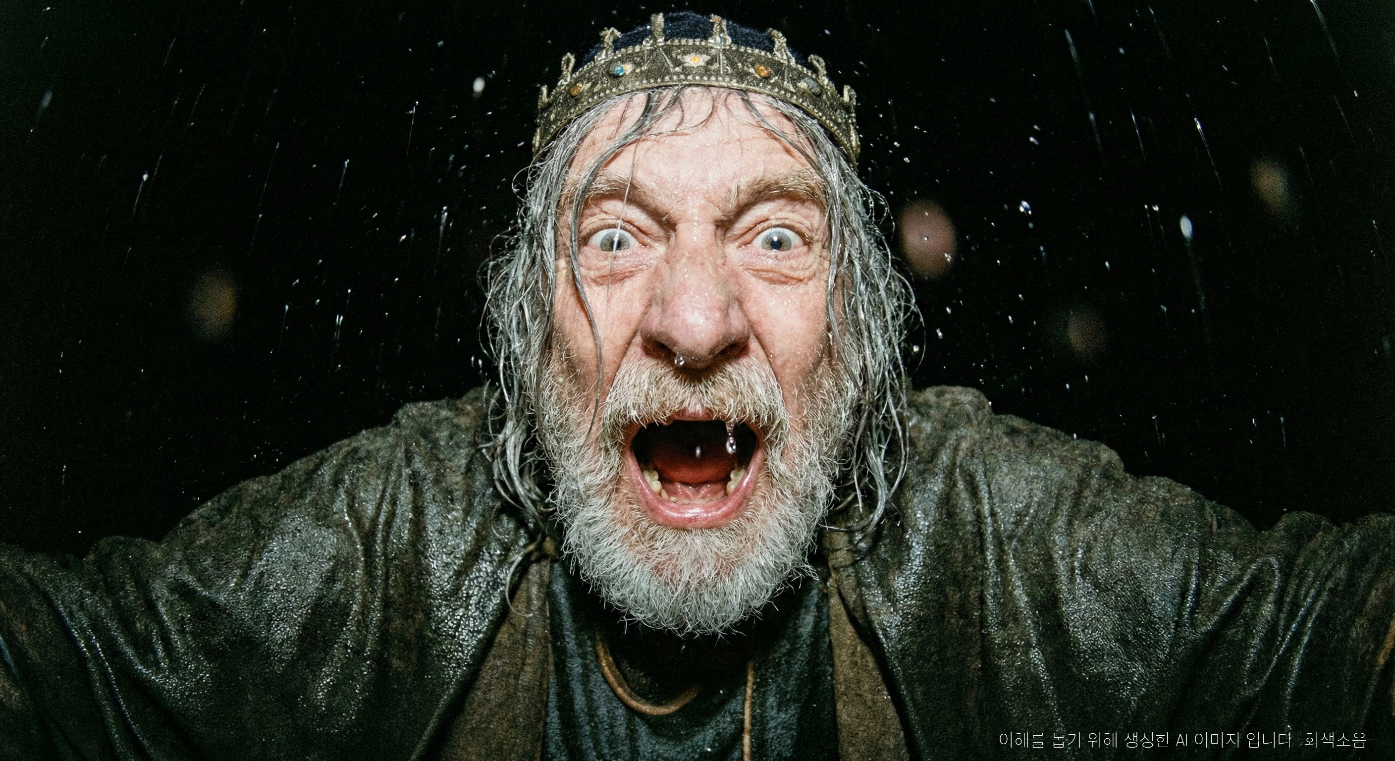 광기의 폭풍우 : 폭우 속에서 광각 왜곡으로 얼굴이 일그러진 노왕이 빗방울이 얼어붙은 듯한 강한 플래시 아래 비명을 지르는 혼란스럽고 비극적인 클로즈업 장면.