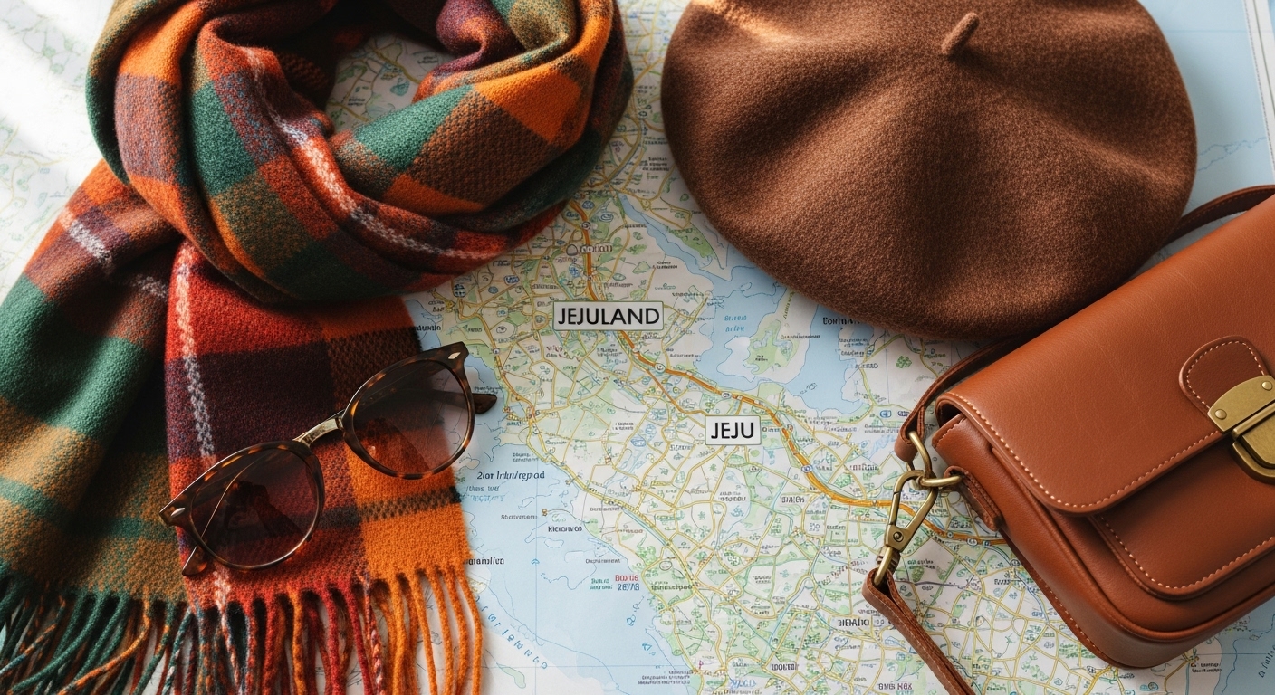 가을 제주 여행 필수 패션 소품들. 선글라스, 체크 스카프, 베레모, 가죽 가방이 제주도 지도 위에 놓여 있다.