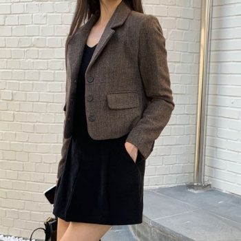 여자 여성 크롭 울 헤링본 자켓 숏 겨울 브라운 가을