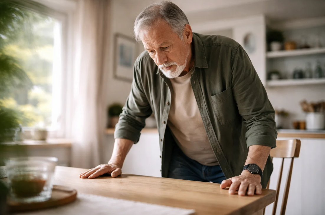 어지럼증으로 식탁을 짚고 서 있는 중장년 남성의 일상 모습