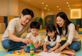 키즈카페에서 블럭 가지고 놀이하고 있는 모습