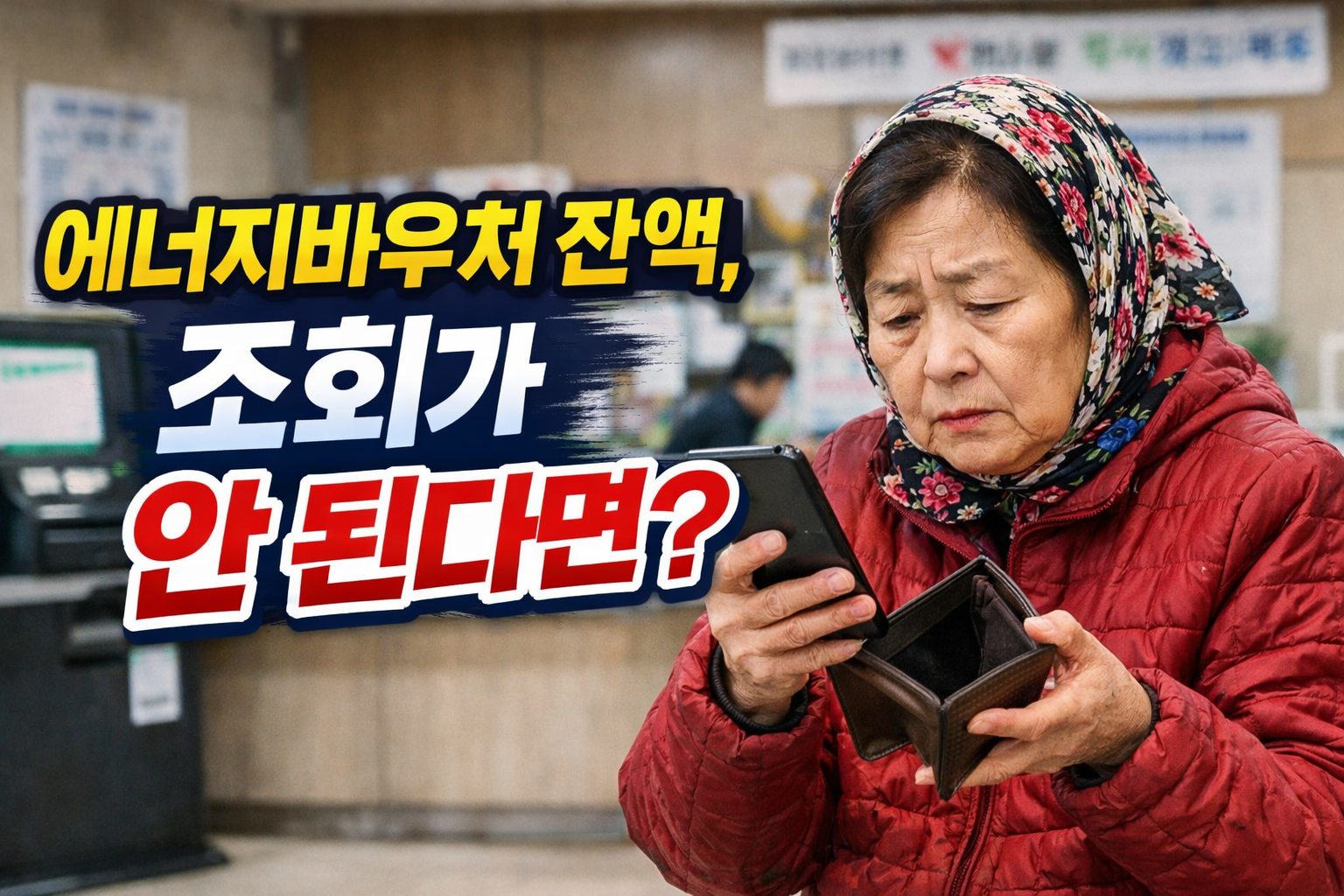 에너지바우처 잔액 조회가 안된다면 문구와 함께 스마트폰을 확인하는 어르신이 보이는 실사 이미지